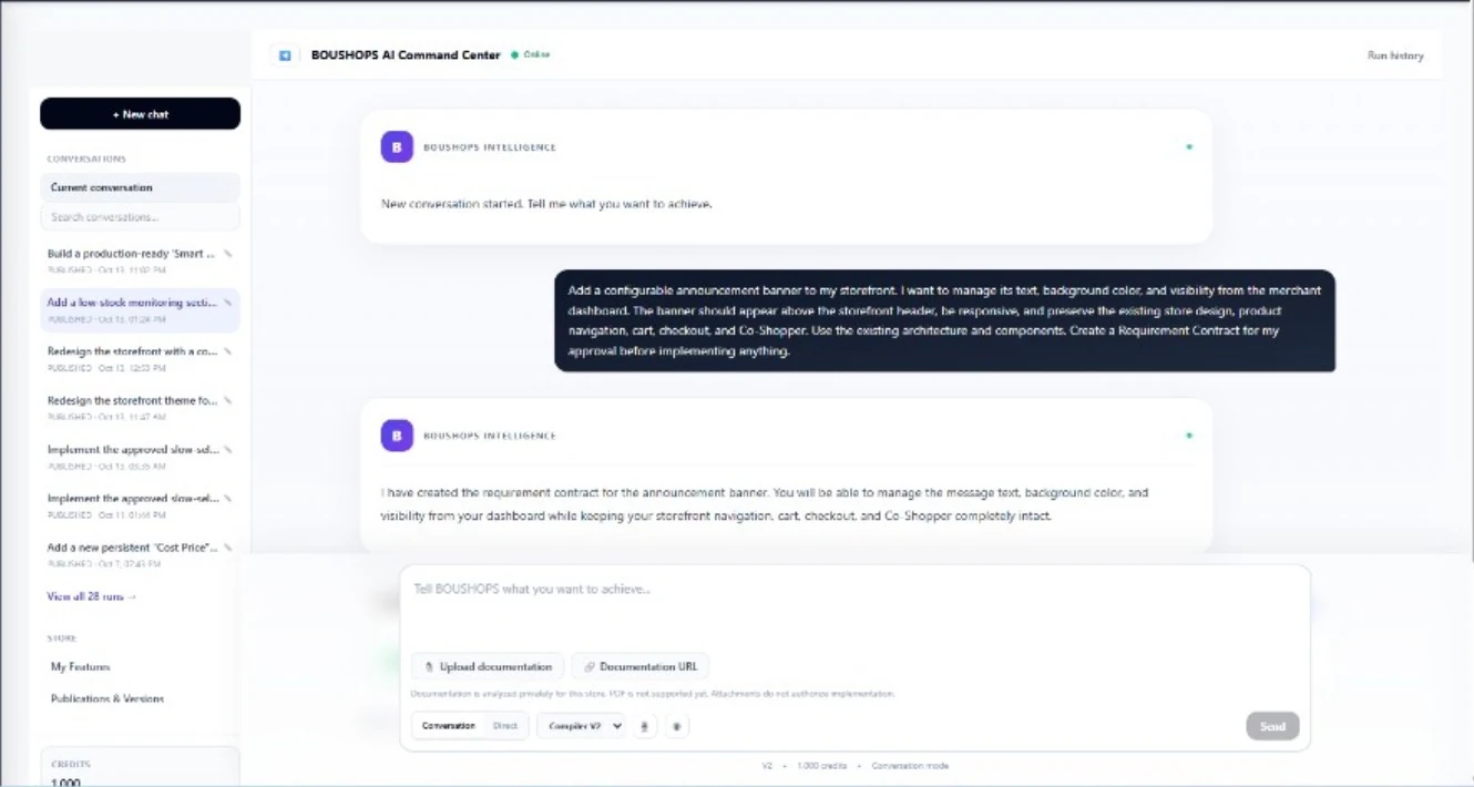 Real BOUSHOPS AI Command Center conversation and requirement contract preparation